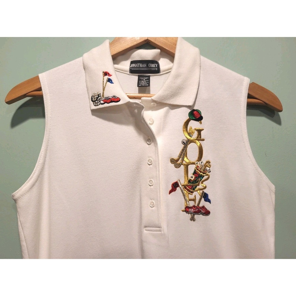 Vtg Jonathan Corey Novelty Embroidered Golf Sleeveless Polo Shirt Sz S